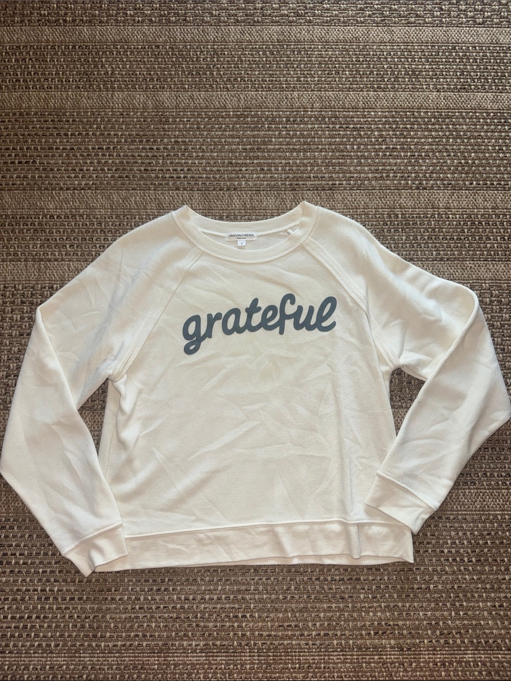 Grayson Threads Cream Sweatshirt with Gray "grateful" Script